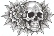 skull with mandala lotus flower, sunflowers and mushrooms tattoo design idea