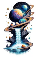 a waterfall of stars and planets in color  tattoo design idea