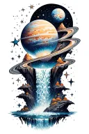 a waterfall of stars and planets in color  tattoo design idea