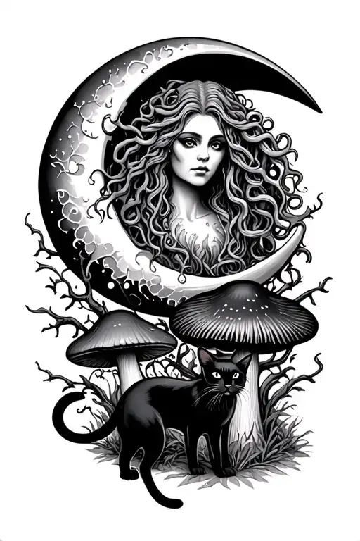 Medusa looking confident, a crescent moon with vines nearby, and a black cat with Halloween elements. mushroom tattoo design idea