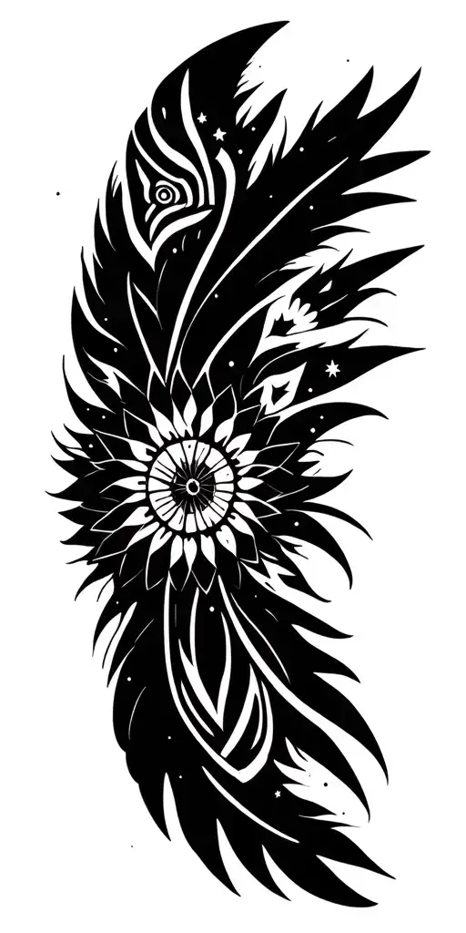 Boho floral, outer space stars, tribal, geometric shapes, feathers tattoo design idea