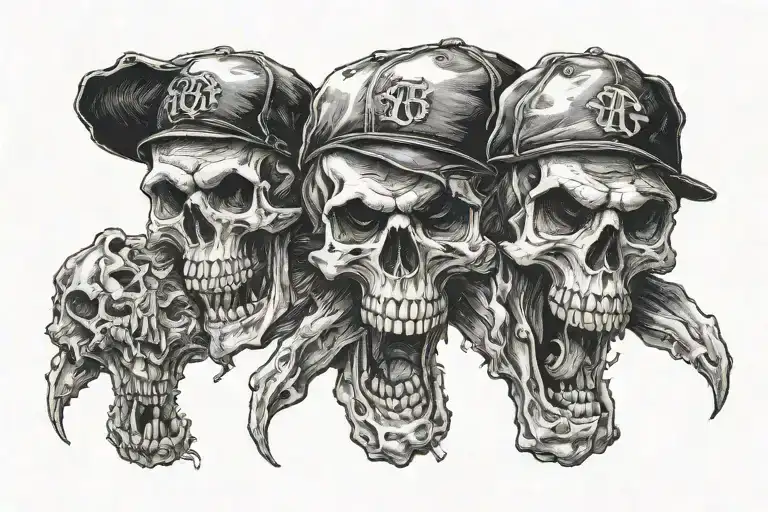three skulls with a baseball hat tattoo design idea