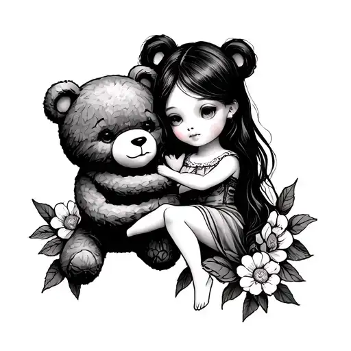 girl teddy bear holding a girl ghost with flowers around them tattoo design idea