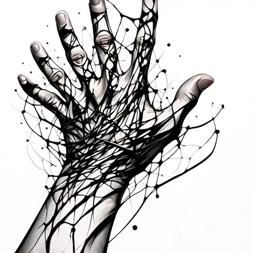 a hand covered in a network of twisted lines and fragmented shapes that seem to emerge from the darkness. The lines tattoo design idea