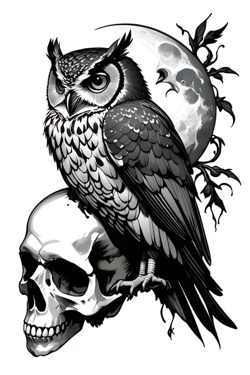 lilith moon owl perched on skull tattoo design idea