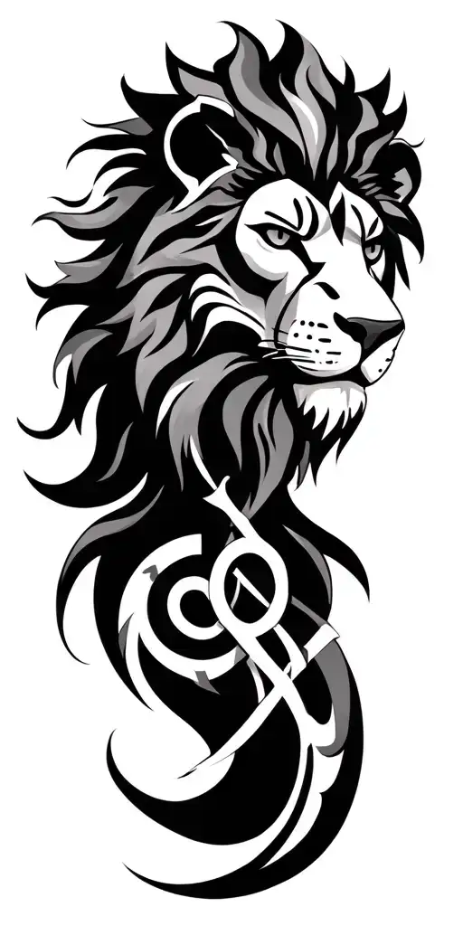 Drawing of a tribal tattoo on the slices with tribal lion head represents me my deceased mother with the sign of the swing tattoo design idea