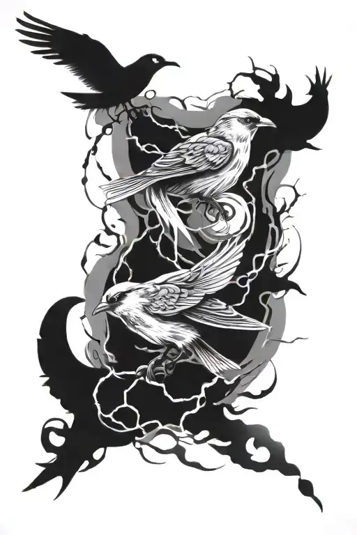 birds and thunder lightning tattoo design idea
