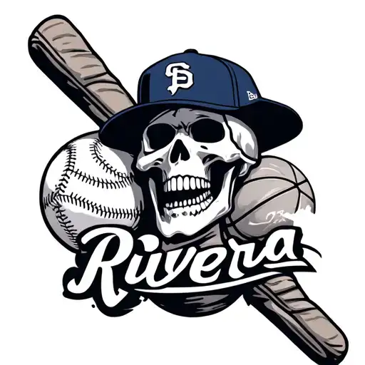 Skeleton with baseball and basketball and the name rivera with a san diego padres hat tattoo design idea