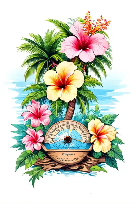 Palm trees, several hibiscus flowers, tropical flowers and a sundial. Realistic sleeve.  tattoo design idea