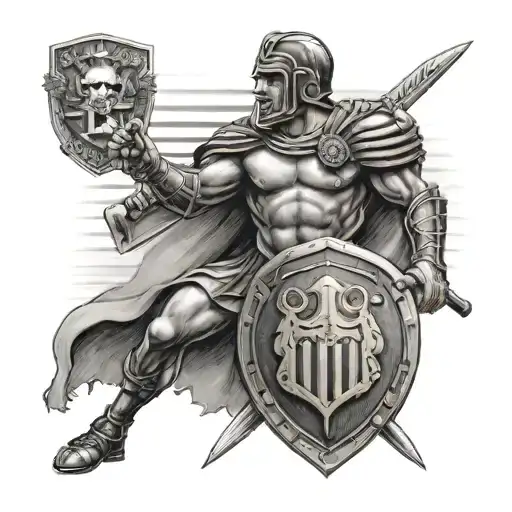 A Roman gladiator with a Racing Club shield in his hand and the President Juan D Peron football stadium in the background tattoo design idea