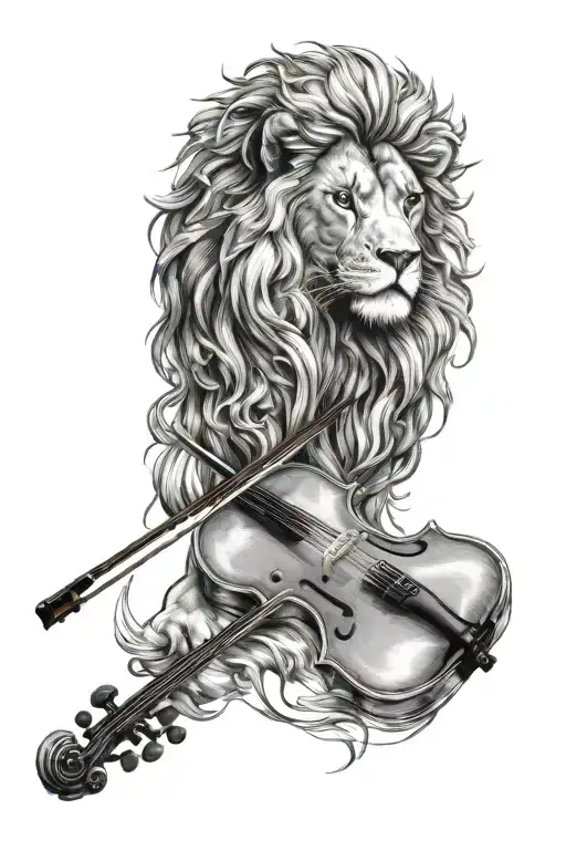 angel wings lion head Leo sign violin tattoo design idea