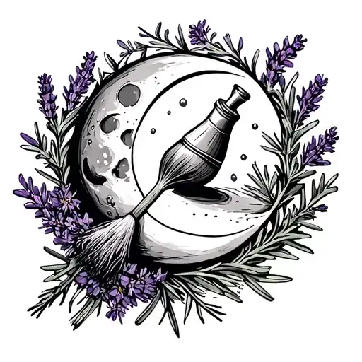 Broom, lavender, flowers, moon, rosemary, sun, salt shaker with the saying my blood your blood our blood  tattoo design idea