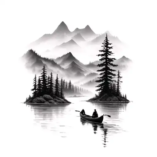 canoe in a river running through mountains in fog tattoo design idea