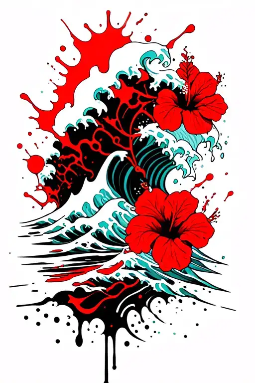 waves crashing on the beach with small hibiscus vine on right side tattoo design idea