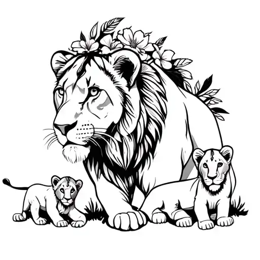 a lioness with flowers and feathers, with 3 lion cubs playing tattoo design idea