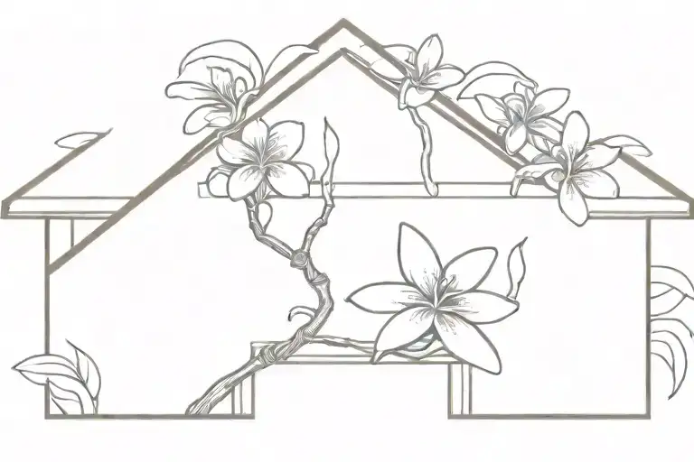 balinese house roof with frangipani tree branch tattoo design idea