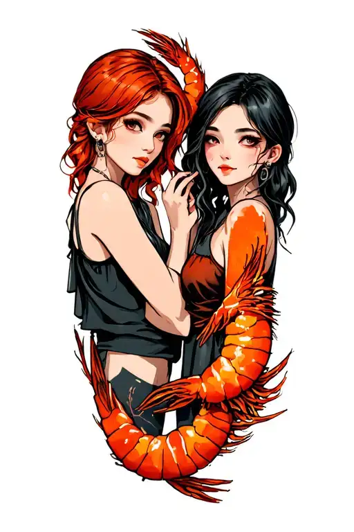 two girls selling shrimp tattoo design idea
