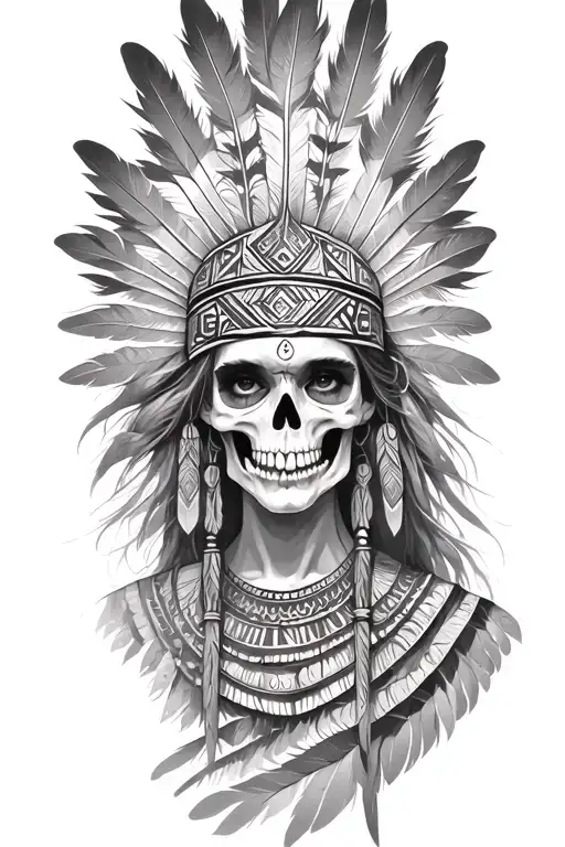aztec warrior girl, skeletal fierce face, crown intricate geometric patterns feathers , spirituality, afterlife, death tattoo design idea