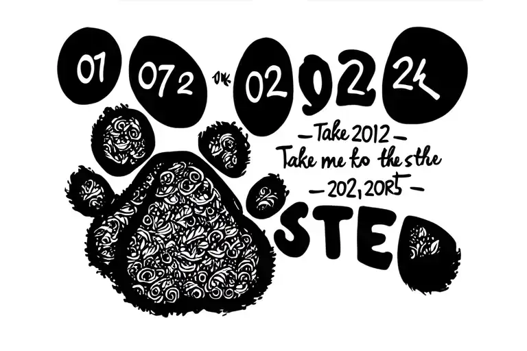"Text in cursive " a paw print with the words "07/02/2012- Take me back to the start -20/02/2025                                   Buster " tattoo design idea