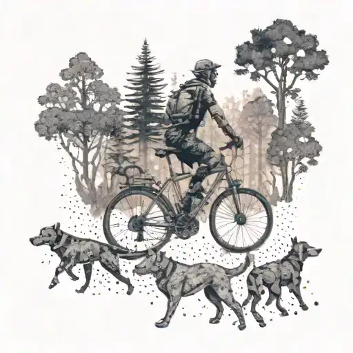 A dotwork tattoo of a lone cyclist riding through a forest with a pack of dogs running alongside tattoo design idea
