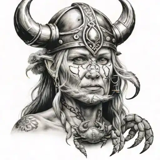 viking woman and crab tattoo design idea
