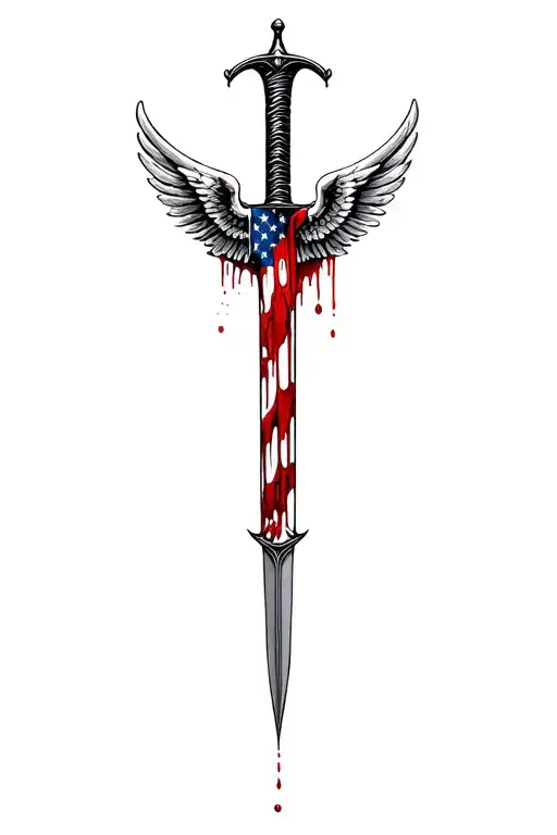 winged hilt blood dripping and tattered usa flag and sharp long blade tattoo design idea
