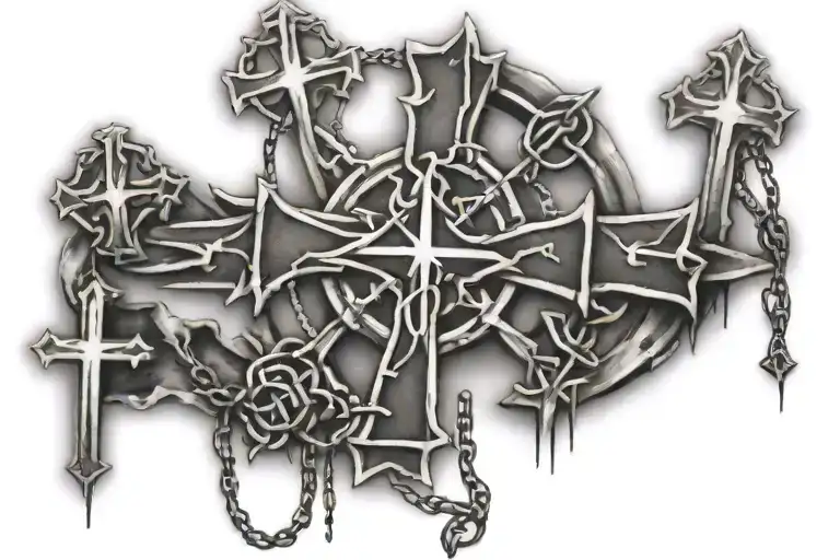 christogram, 3 crosses, broken chains wrapped tattoo design idea