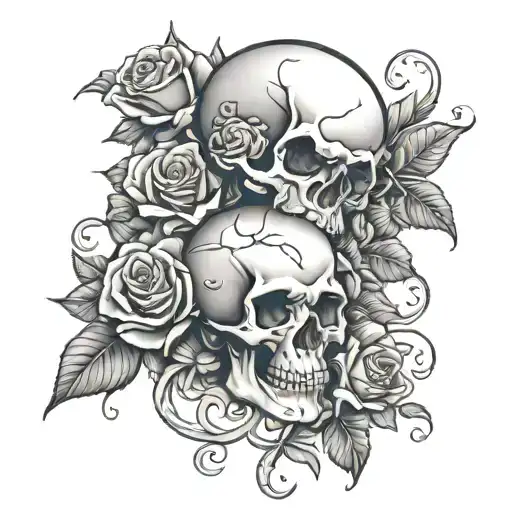 skull roses and scroll tattoo design idea