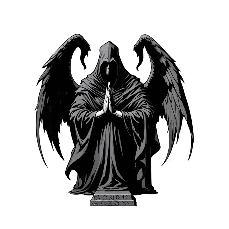 Nazgul with wings, wrapped around tombstone, praying tattoo design idea