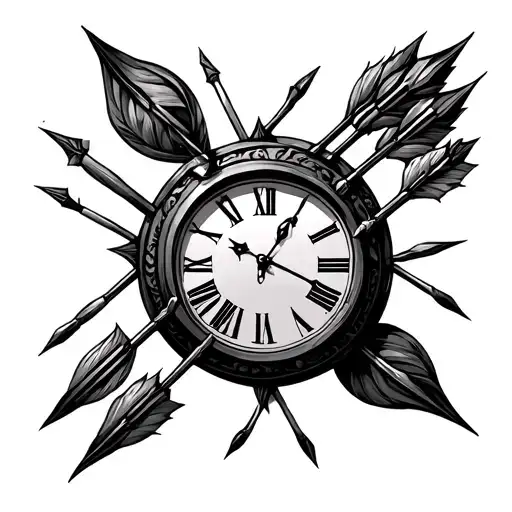 clock and quiver with six arrows tattoo design idea