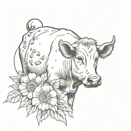 A tattoo design of a farm animal (such as a cow or pig) with a disco ball reflecting sunlight and flowers in the background tattoo design idea