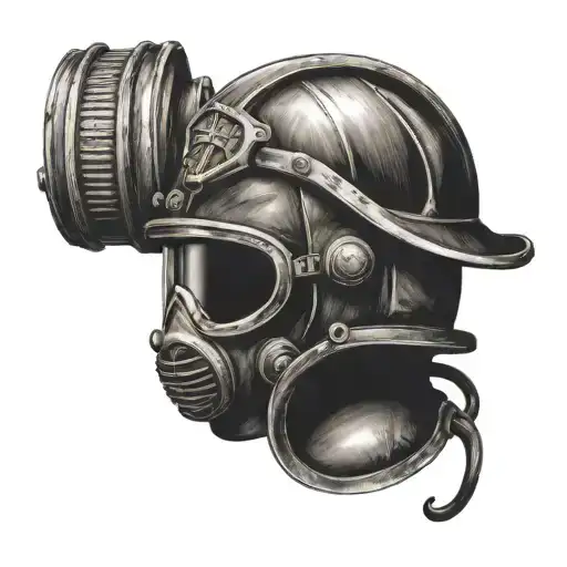 A tattoo design featuring a firefighter's helmet with a navy deep sea diver's helmet intertwined, symbolizing your dedication to both professions tattoo design idea