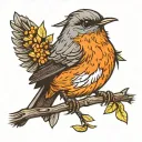 one robin sitting on an orange branch and one robin flying tattoo design idea