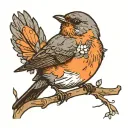 one robin sitting on an orange branch and one robin flying tattoo design idea