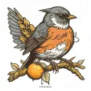 one robin sitting on an orange branch and one robin flying tattoo design idea