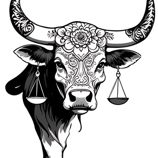 feminine bull with sugar skull markings and 2 Libra scales and dark shaded background tattoo design idea