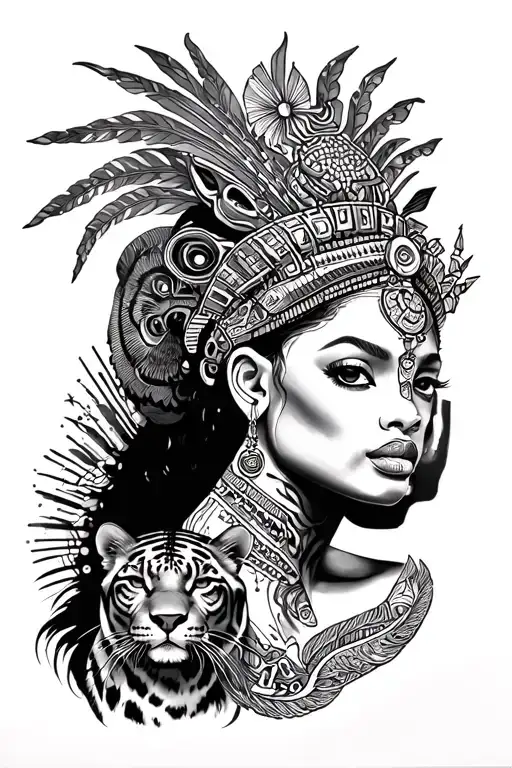 African queen with panthers tattoo design idea