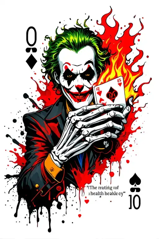 joker health ledger on a card tat with a skeleton hand holding the card while it's on fire and a joker quote below  tattoo design idea