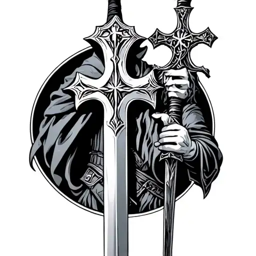 crusader holding sword with a cross tattoo design idea