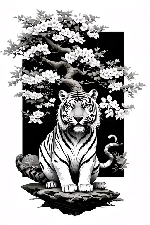 bonsai tree tiger and cherry blossom  tattoo design idea