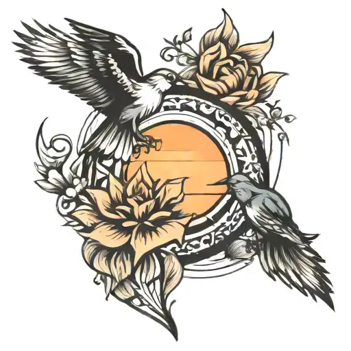 sunrise with 3 birds tattoo design idea