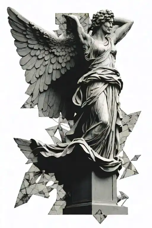 Winged Victory of Samothrace statue in a textured diamond backdrop, intersecting the statue subtly at the wings and base tattoo design idea