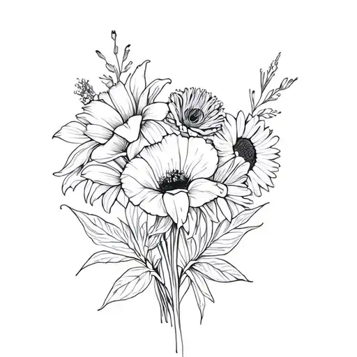 small bouquet with poppy, daylily, lilac, sunflower  tattoo design idea