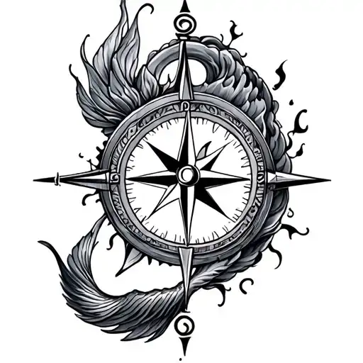 compass with mermaid tail intertwined tattoo design idea