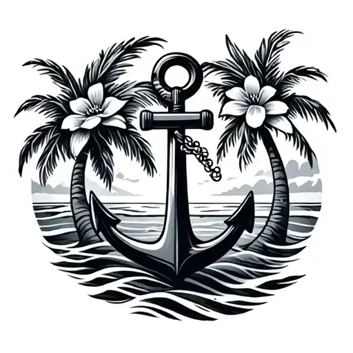 Cruise anchor waves beach palm tree girly flower tattoo design idea