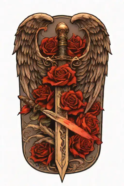 angel wings behind a sword, roses tattoo design idea