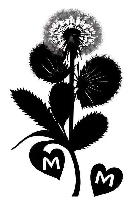 A dandelion with two intertwined hearts at its base and the letters m and b on each of the hearts​​​​​​​​​​​​​​​​ tattoo design idea