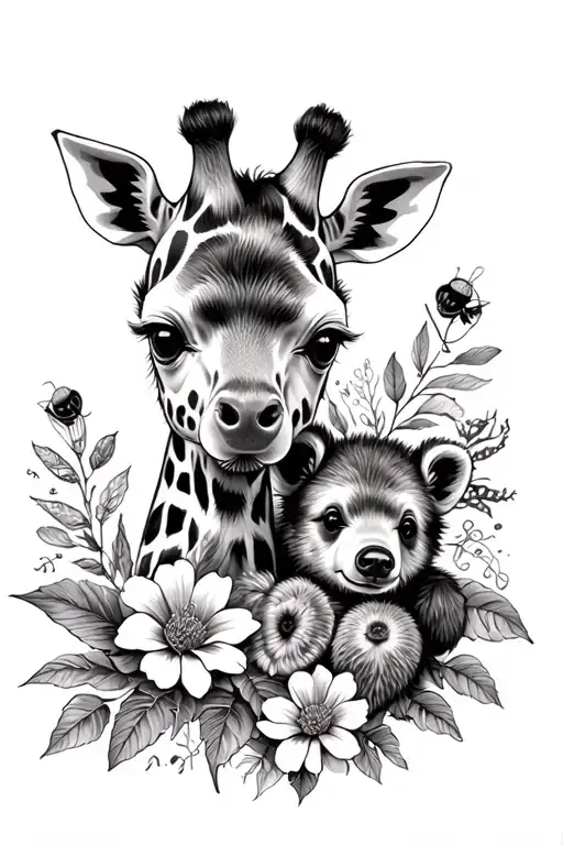 baby giraffe, bumble bee, bear cub, Astor flowers tattoo design idea