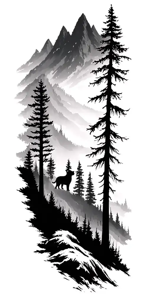 Brush Stroke forest a lot of trees mountain include dogs tattoo design idea