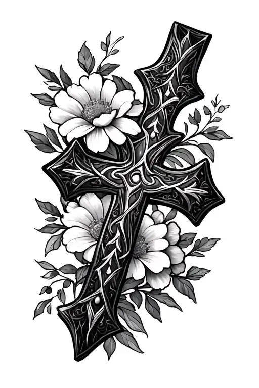 cross and flowers dainty western tattoo design idea